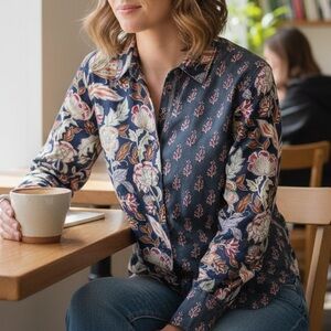 CINO Art Nouveau Floral Blocked Button Down Cotton Navy Blue Blouse PL